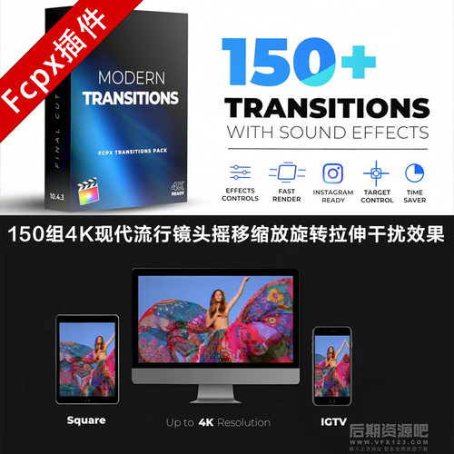 Fcpx转场插件 150组4K现代流行镜头摇移缩放旋转效果+音效素材