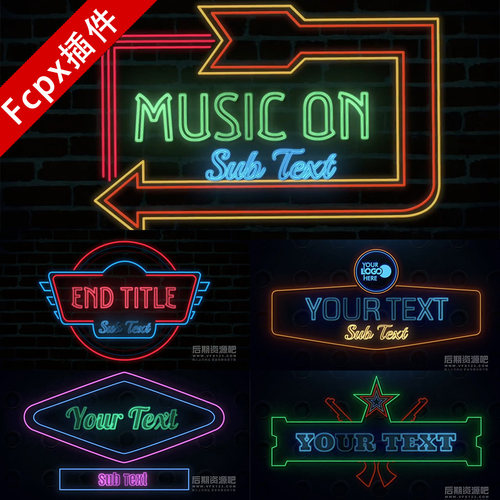 FCPX字幕插件 6组霓虹灯发光灯管效果标题模板 Neon Signs