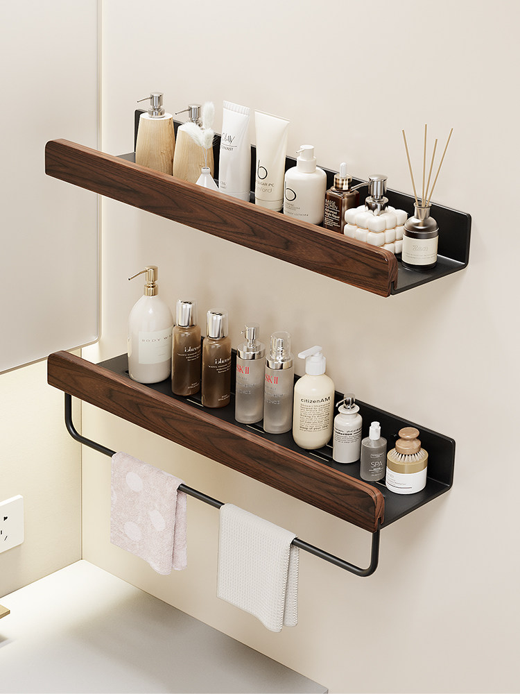 卫生间置物架胡桃木厕所挂墙免打孔多功能浴室高级感淋浴房收纳架