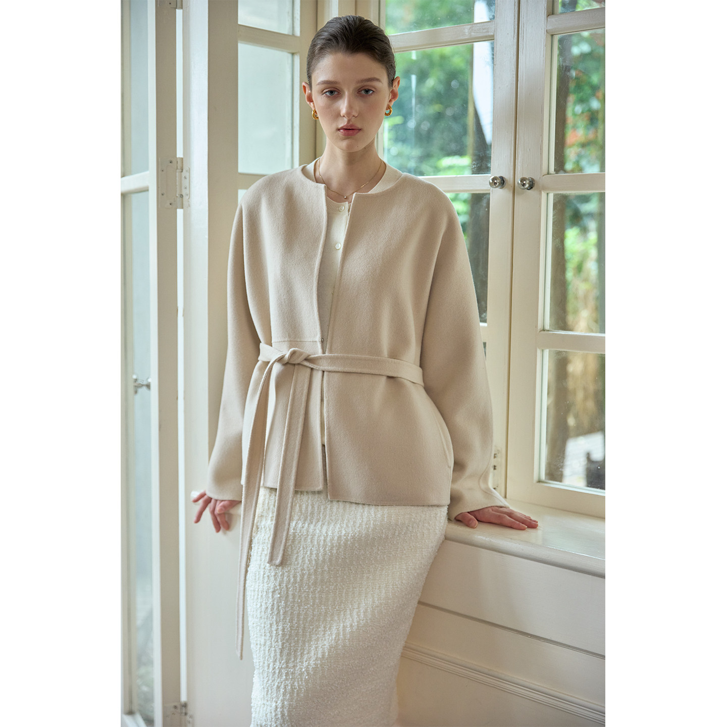 masbello山羊绒羊毛混纺双面呢短外套女收腰系带圆领宽松大衣秋冬