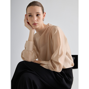 masbello高级清冷感天丝泡泡长袖雪纺衬衫女优雅上衣法式防晒罩衫