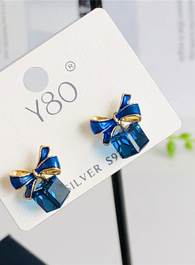 Y80蓝色蝴蝶结耳环女原创设计合金镶嵌宝石耳饰