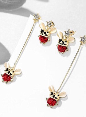 925银针本命年生肖老鼠鼠年长款 红色年味耳环耳钉适合过年的耳饰