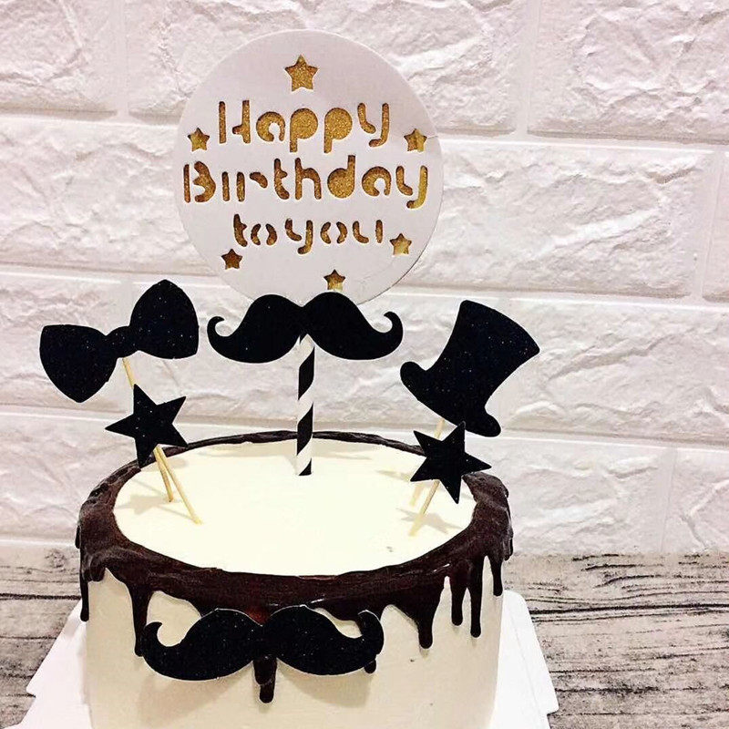 黑白男孩little man小胡子圆形蛋糕生日插牌插件 派对甜品台装饰