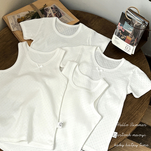 睡衣上衣 全棉百搭打底短袖 两件装 儿童白色纯棉背心男女宝宝四季