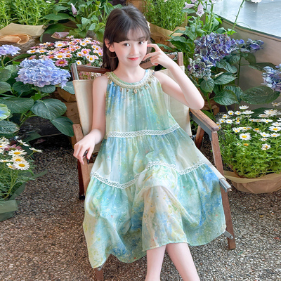 女童连衣裙夏季洋气儿童度假风水墨画挂脖裙子夏日好看薄款夏装女