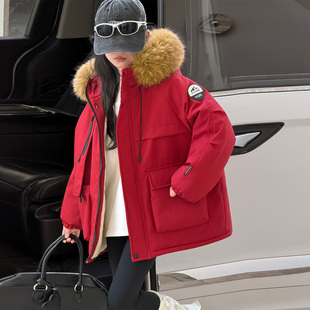 大童超好看棉服 儿童红色加绒加厚派克服冬季 女童冬装 外套2025新款