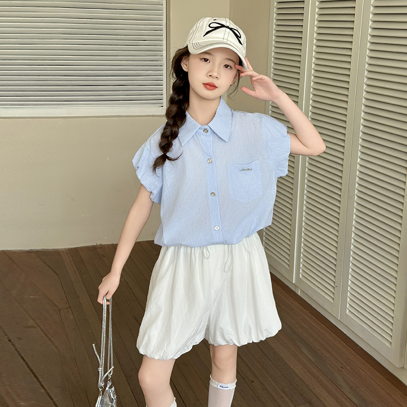 女童夏套装2025新款儿童韩版清新短袖衬衫短裤两件套夏款女孩夏装