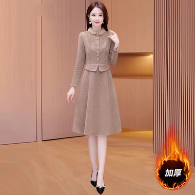 高端气质假两件套装加绒加厚毛呢连衣裙女秋冬款高贵夫人洋气妈妈