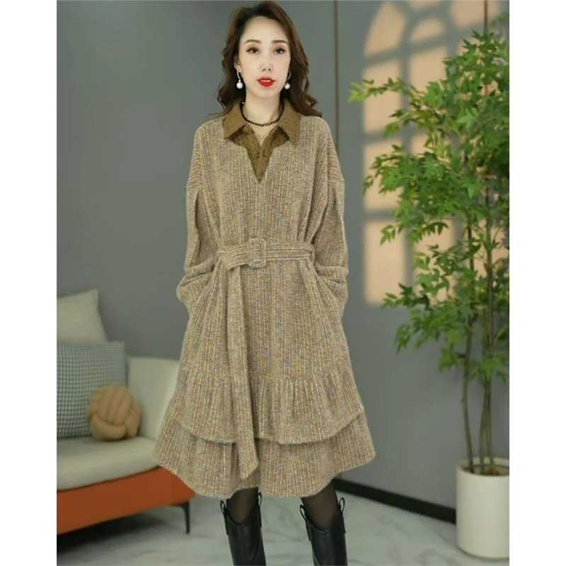 连衣裙2025新款今年流行爆款冬季加厚保暖假两件宽松遮肉打底裙