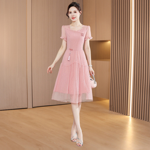 喜婆婆婚宴装 高贵洋气妈妈 礼服平时可穿冰丝雪纺粉色连衣裙女夏季