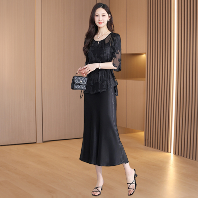 高端轻奢气质名媛高级感两件套装黑色连衣裙子女夏季高贵洋气妈妈