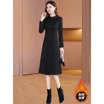 高端气质加绒加厚黑色旗袍礼服打底连衣裙配大衣春秋冬款高贵妈妈