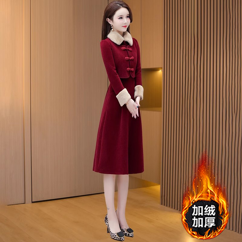 喜婆婆婚宴装秋冬款2025新款妈妈礼服高端加绒加厚旗袍假两件套装