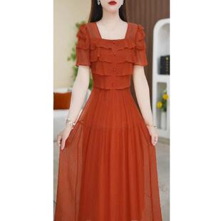 连衣裙2026新款今年流行爆款时尚夏季方领收腰减龄纯色女装连衣裙