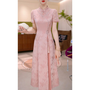 新款 改良旗袍连衣裙女2026夏季 妈妈国风提花礼服裙子 短袖 高档薄款