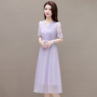 轻紫色v领连衣裙广州十三行女装爆款礼服贵夫人品牌沙沙腰裙夏季