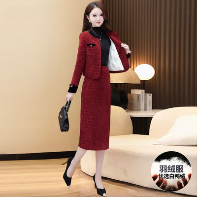 小香风加绒加厚两件套装红色羽绒连衣裙女秋冬季贵夫人阔太太妈妈