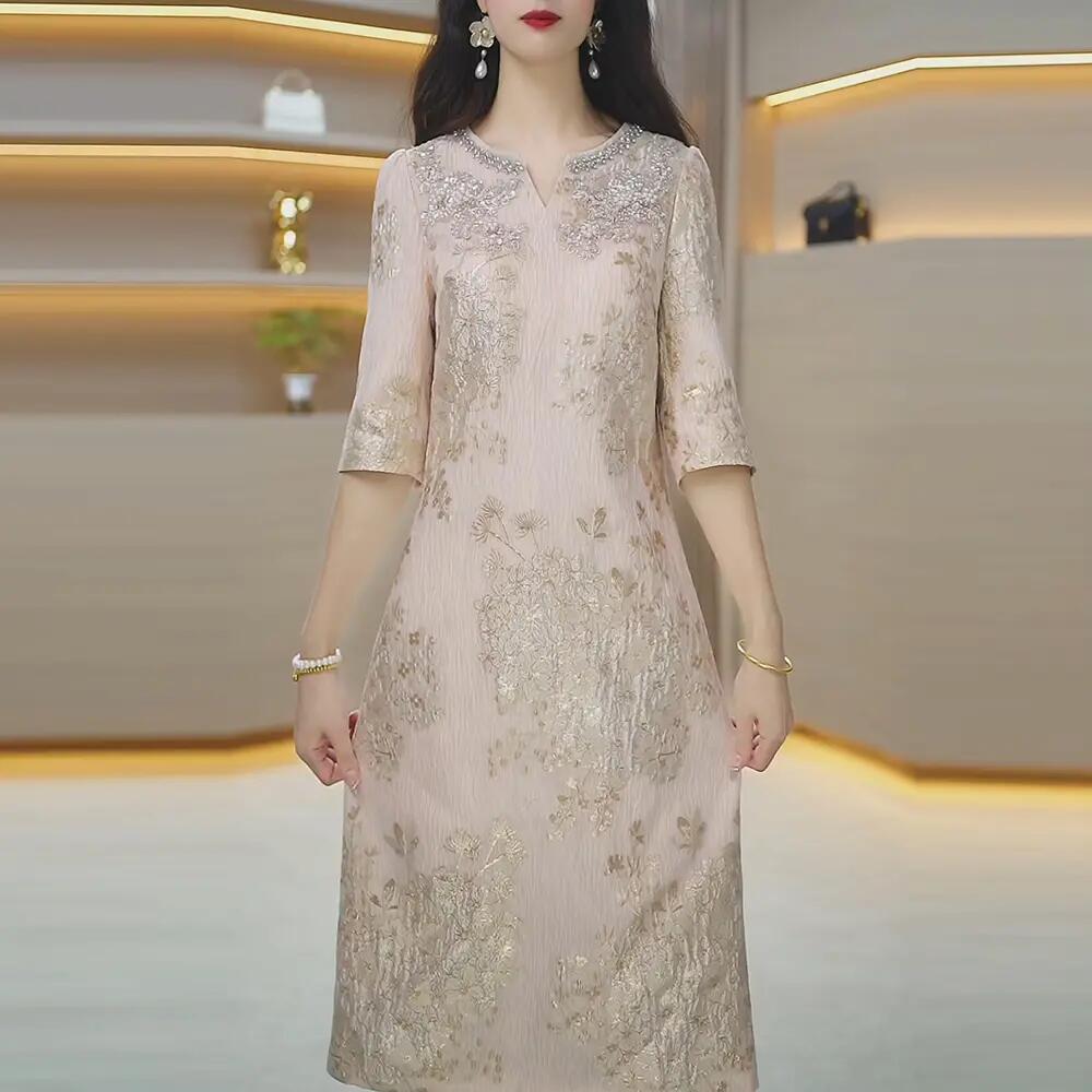 广州十三行中袖连衣裙2025新款女初秋装轻奢高级感气质喜婆婆礼服