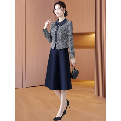 高端气质假两件套装高档长袖毛呢连衣裙初春秋款高贵洋气减龄妈妈