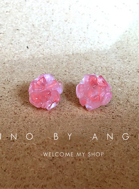 原创手工天然西瓜石头粉红色耳钉女创意碎石花朵可爱小清新耳环