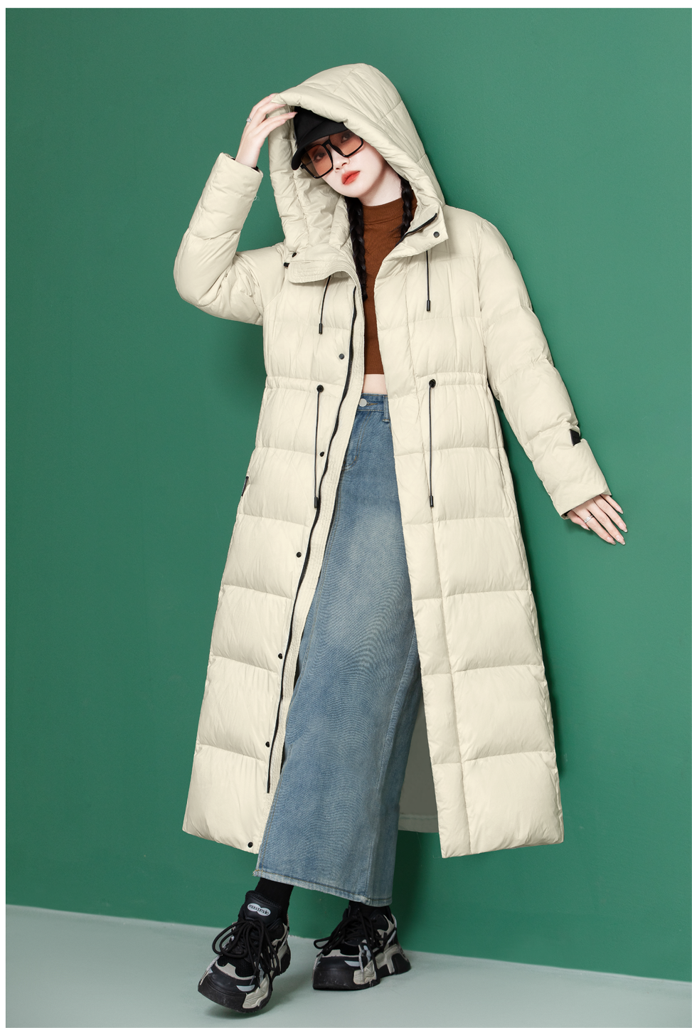 2023新款女长款大衣修身立领活帽羽绒服九半成品衣皮衣壳以旧翻新