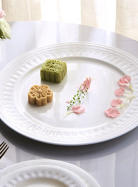 景恒陶瓷纯白色碗碟套装家用轻奢骨瓷餐具套装法式浮雕碗盘子送礼