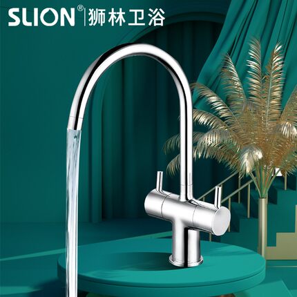 狮林全黄铜欧式双把厨房水龙头冷热双开洗菜盆洗碗盆水槽龙头创意
