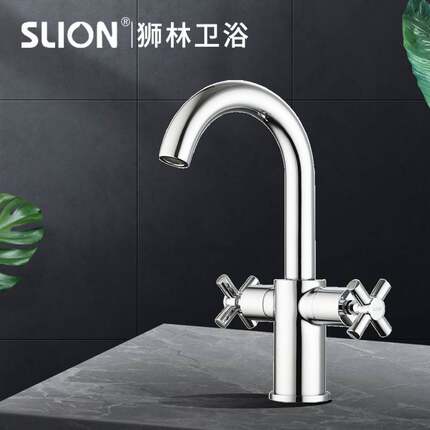 狮林全黄铜欧式双把面盆龙头冷热台盆洗脸盆双开水龙头加高可旋转