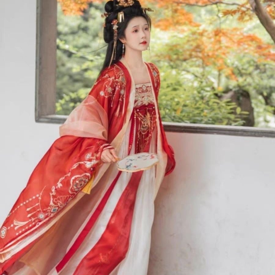 原创汉服女【小重山】重工刺绣大袖衫古装唐制红色齐胸诃子裙夏秋