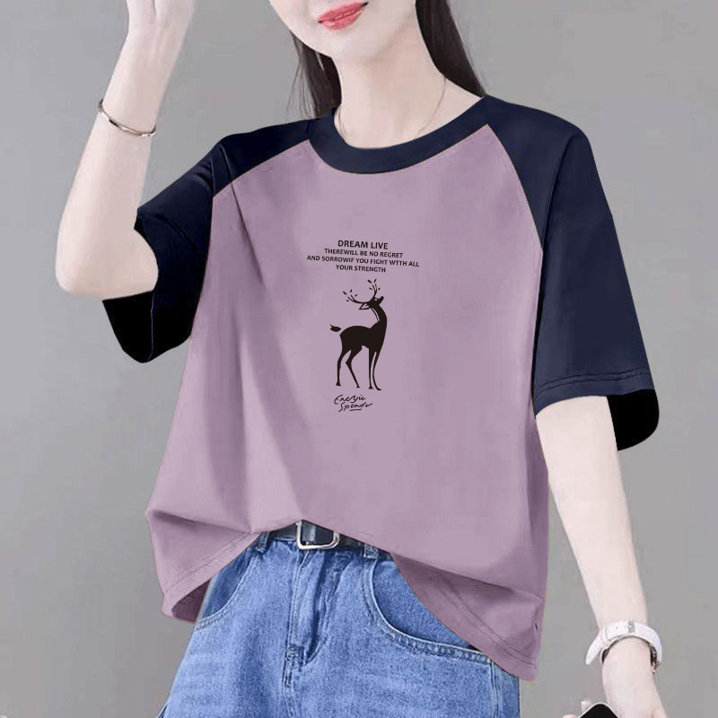 外贸品牌正品100%纯棉短袖印花t恤女夏时尚百搭文艺减龄拼色上衣