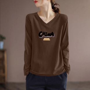 V领t恤女秋装 长袖 文艺减龄百搭显瘦上衣 清仓纯棉时尚 外贸出口正品