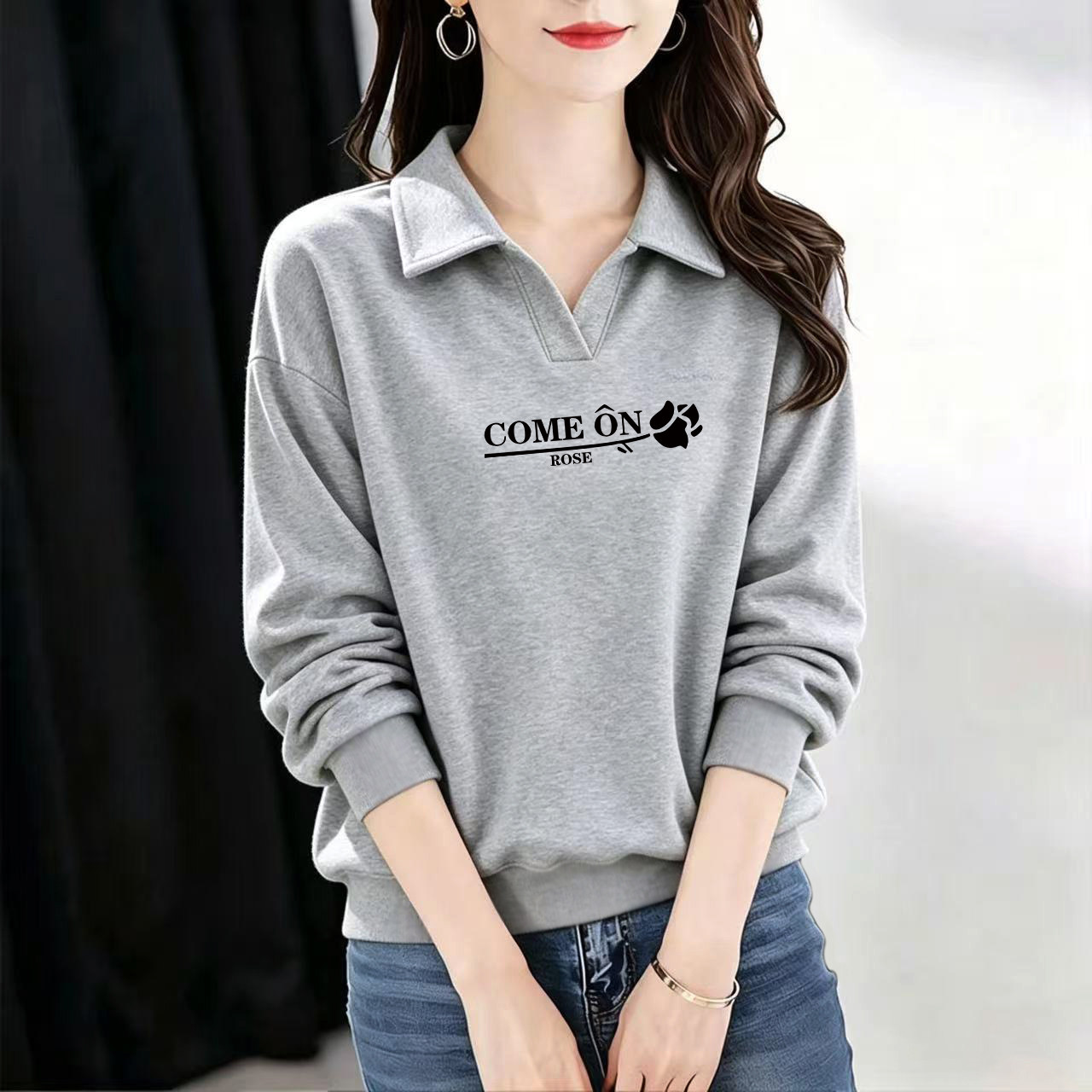 纯棉长袖POLO领印花卫衣女