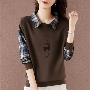 百搭文艺减龄拼色上衣 翻领印花卫衣女春秋款 外贸出口正品 纯棉长袖