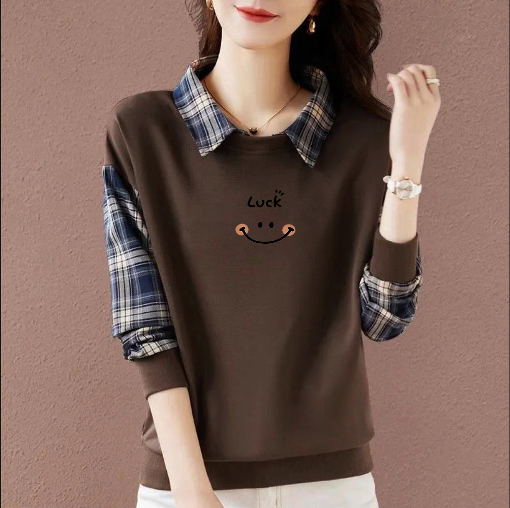 外贸品牌正品纯棉假两件长袖翻领卫衣女春秋显瘦气质减龄拼色上衣,女装/女士精品,大码内搭,淘宝优惠券,粉丝福利购,淘宝优惠卷