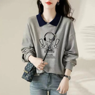 品牌出口外贸清仓纯棉时尚 POLO领卫衣女春秋百搭显瘦拼色上衣 长袖