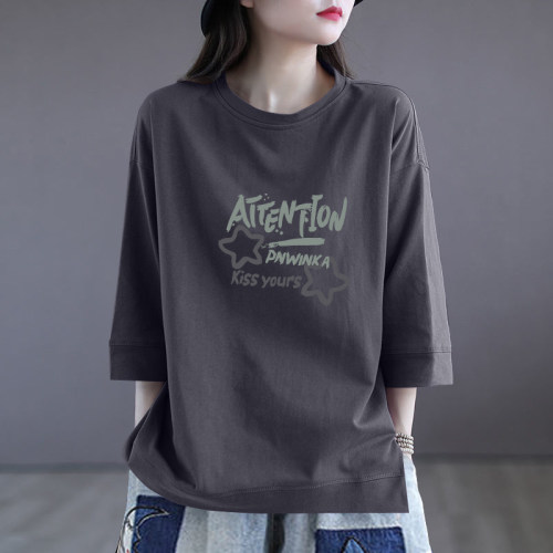 100%纯棉七分袖印花t恤女