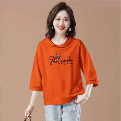 纯棉七分袖时尚连帽印花t恤女
