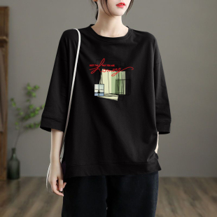 T恤 100%纯棉宽松上衣夏休闲显瘦文艺7分袖 清仓捡漏 外贸出口女装