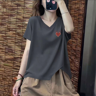 大牌外贸出口100%纯棉短袖 洋气显瘦休闲减龄百搭上衣 V领t恤女夏装