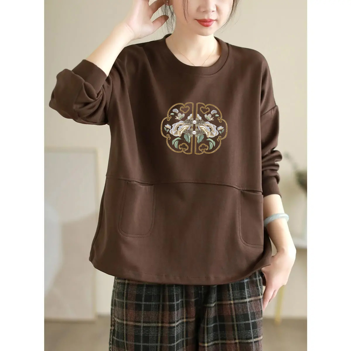 纯棉国风印花长袖卫衣女