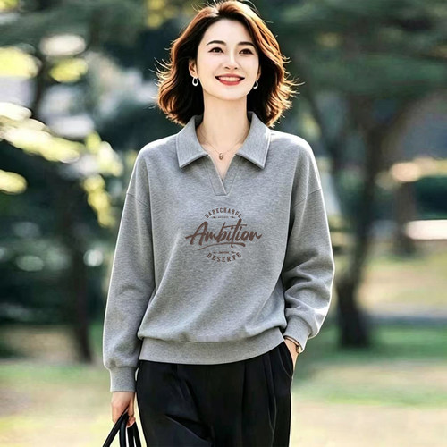 纯棉长袖POLO领印花卫衣女