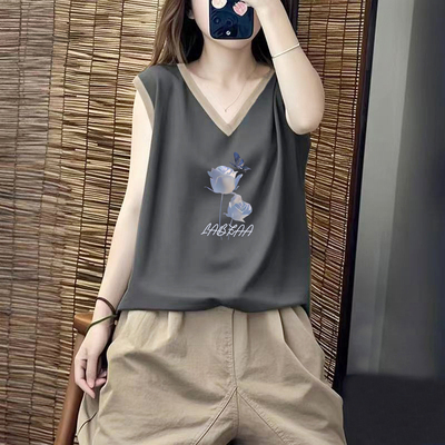 100%纯棉时尚V领撞色t恤女