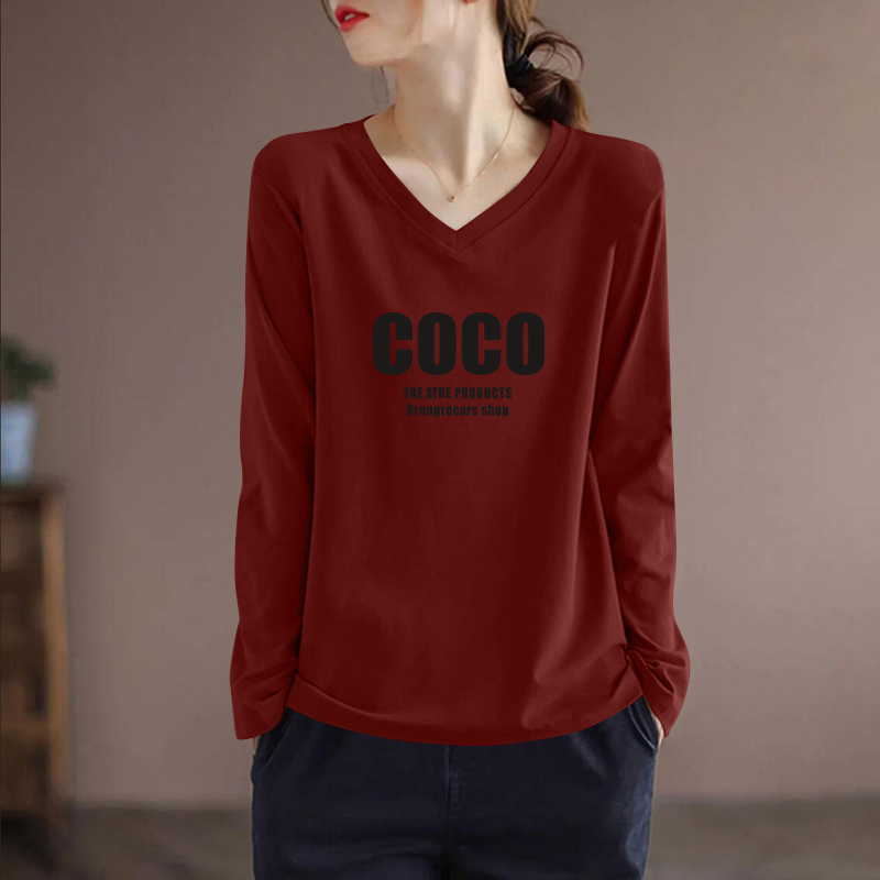 纯棉时尚长袖V领t恤女