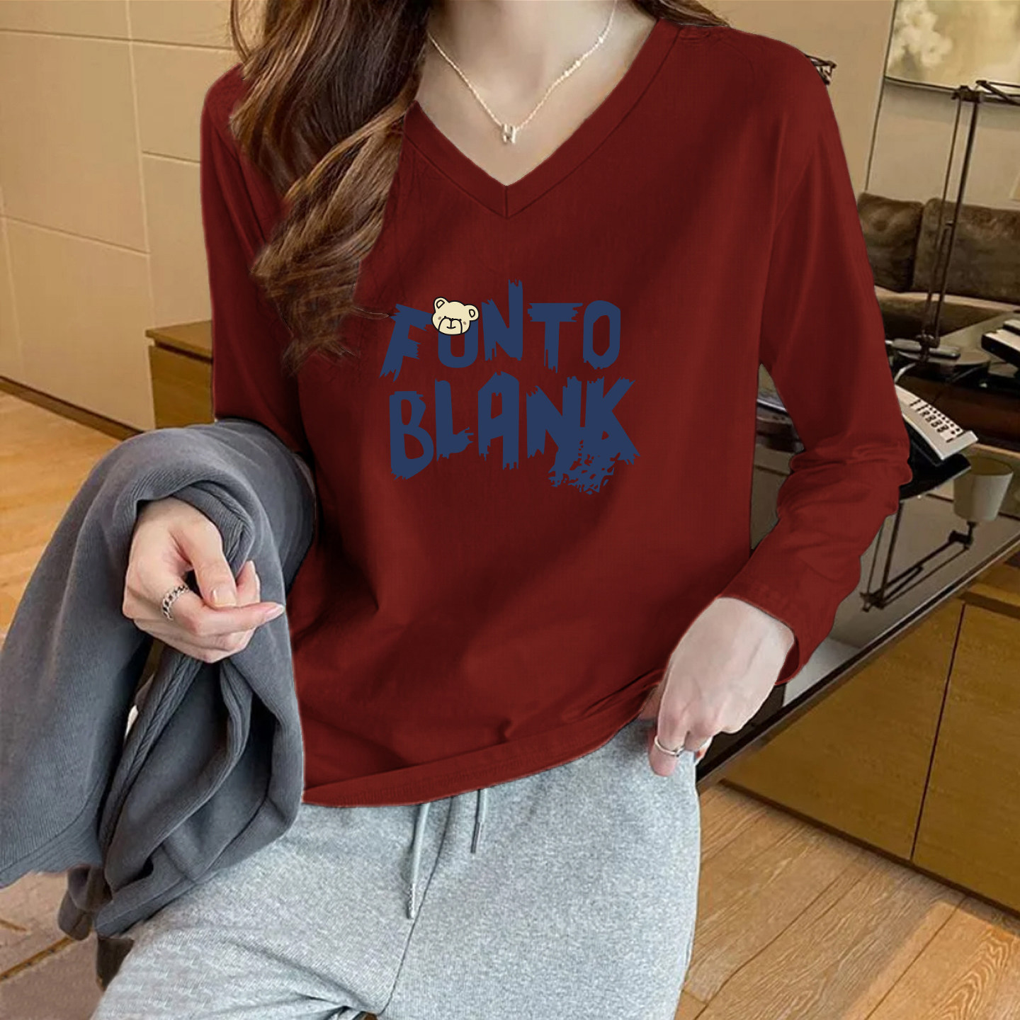 品牌出口外贸清仓纯棉时尚V领长袖t恤女春秋新款气质减龄打底上衣,女装/女士精品,大码内搭,淘宝优惠券,粉丝福利购,淘宝优惠卷