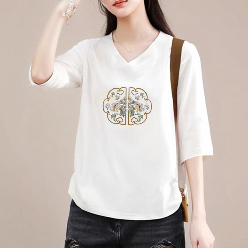 100%纯棉七分袖女士印花t恤