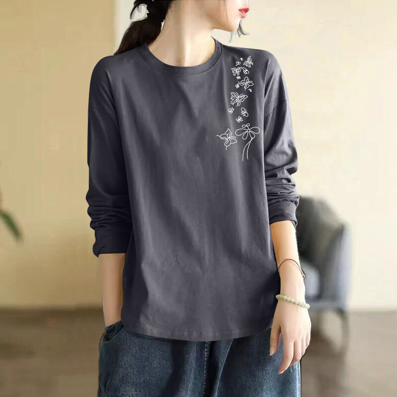 100%纯棉女士长袖印花T恤上衣