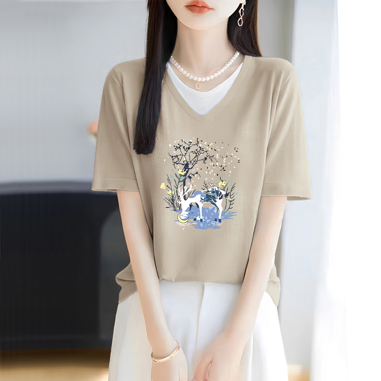 100%纯棉假两件时尚短袖t恤女