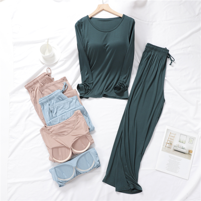 带胸垫睡衣莫代尔套装女春夏季长袖长裤宽松大码月子家居服外穿秋