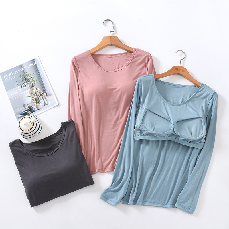 莫代尔薄款打底衫带胸垫一体长袖